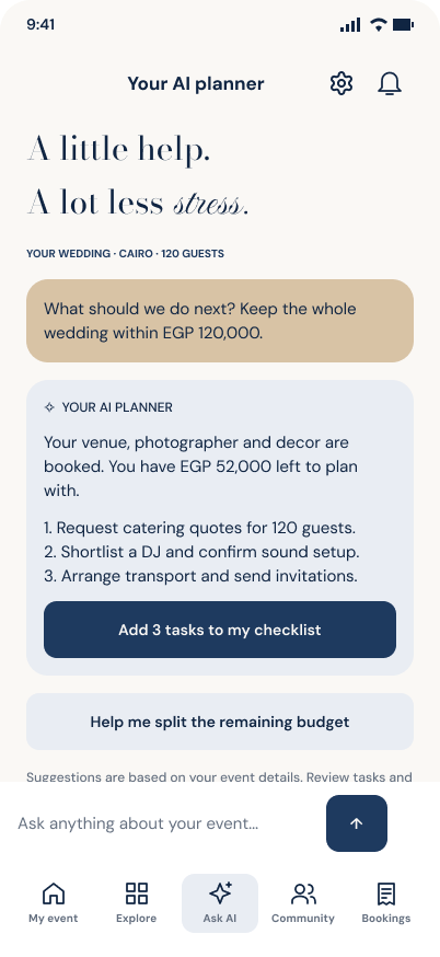 App preview of an event planning conversation with the eventy AI assistant