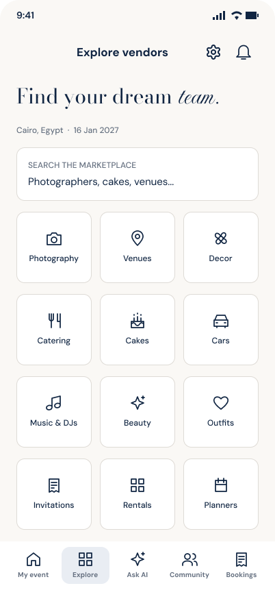 App preview of the eventy marketplace and vendor categories