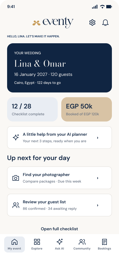 eventy app preview showing an event overview, budget, checklist, and AI planner